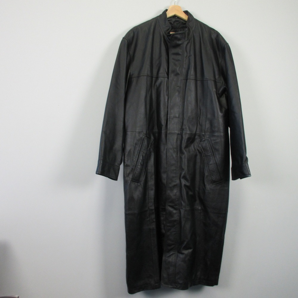 Charles Klein Genuine Leather Trench Coat Men XL Black Full Length Gothic 2320